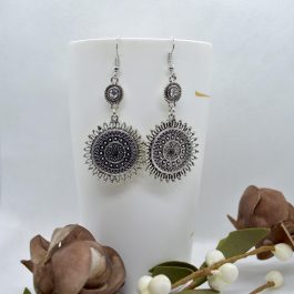 Silver/White Stone Studded Cutout Mandala Patterned Danglers For Women