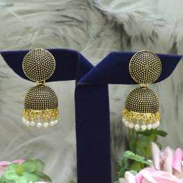 Jewels of Nepal Oxidized Gold Toned Round Top Dot Textured Pinjada Jhumki Earrings For Women