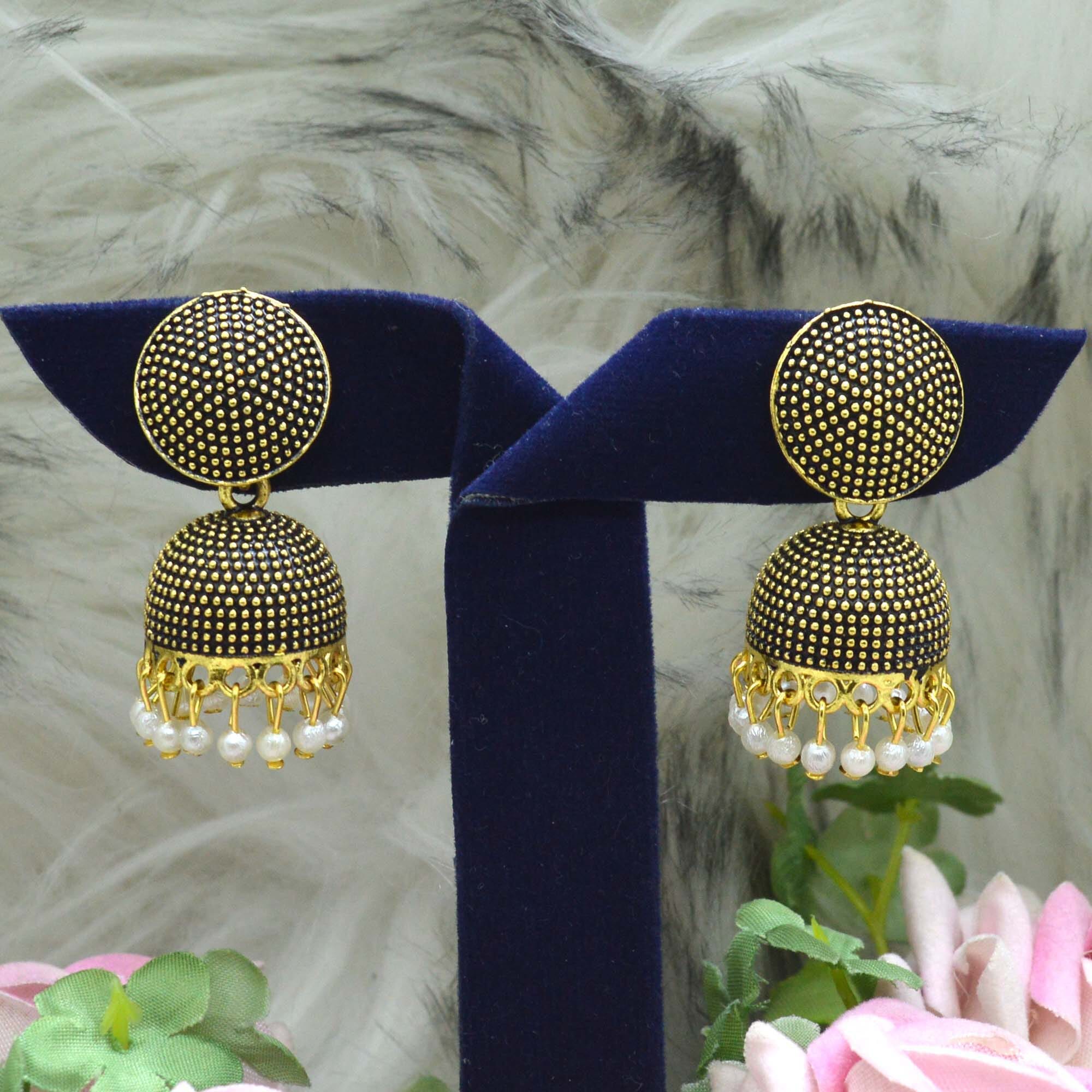 Jewels of Nepal Oxidized Gold Toned Round Top Dot Textured Pinjada Jhumki Earrings For Women