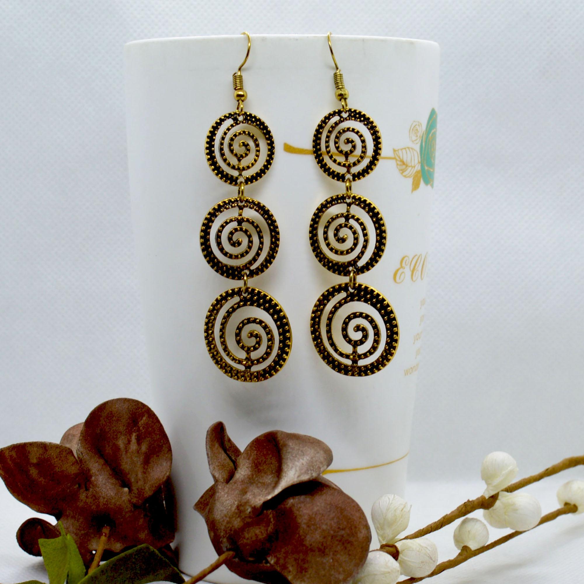 Golden Metal Triple Spiral Drop Earrings - Image 2