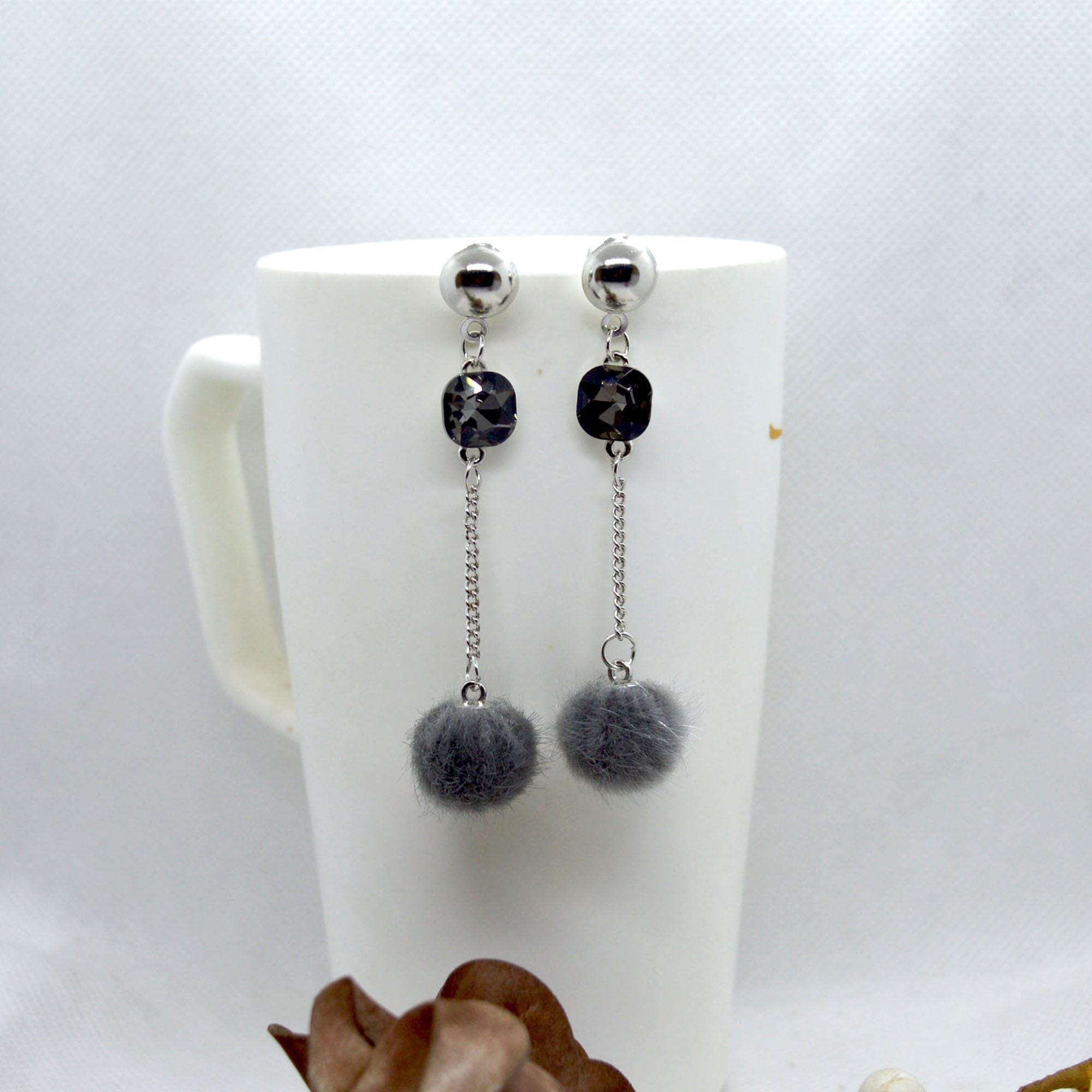 Korean Style Faux Crystal Adorned Chain Pom Drop Earrings For Women
