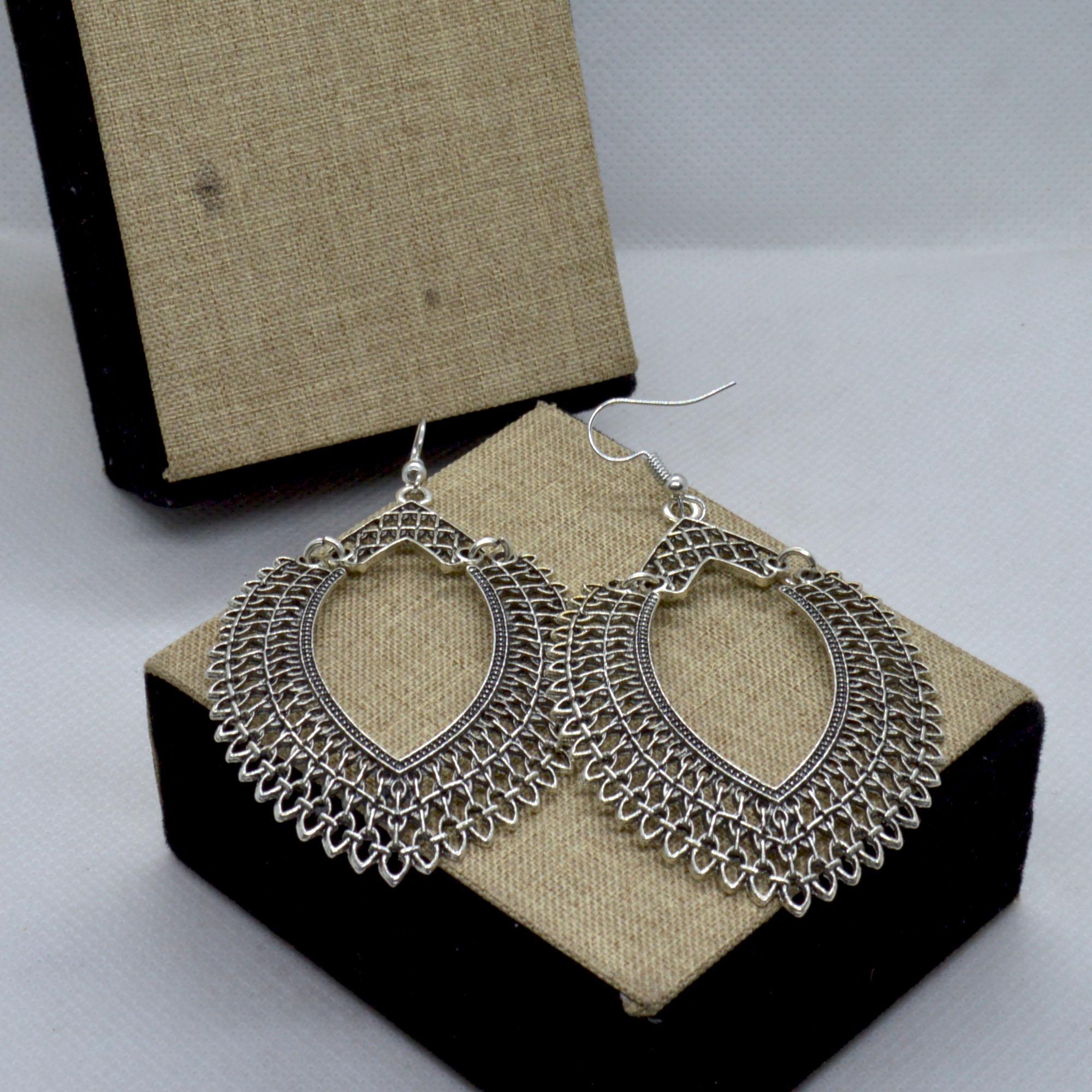 Big Silver Leaf Designed Cut Textured Earrings- Jewels Of Nepal - Image 2