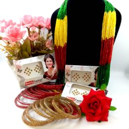 Combo Of Green/Red/Yellow Potey Mala- Golden/Red Stone Studded Bangles With Free Juro Flower And Bindis (3 Packets)
