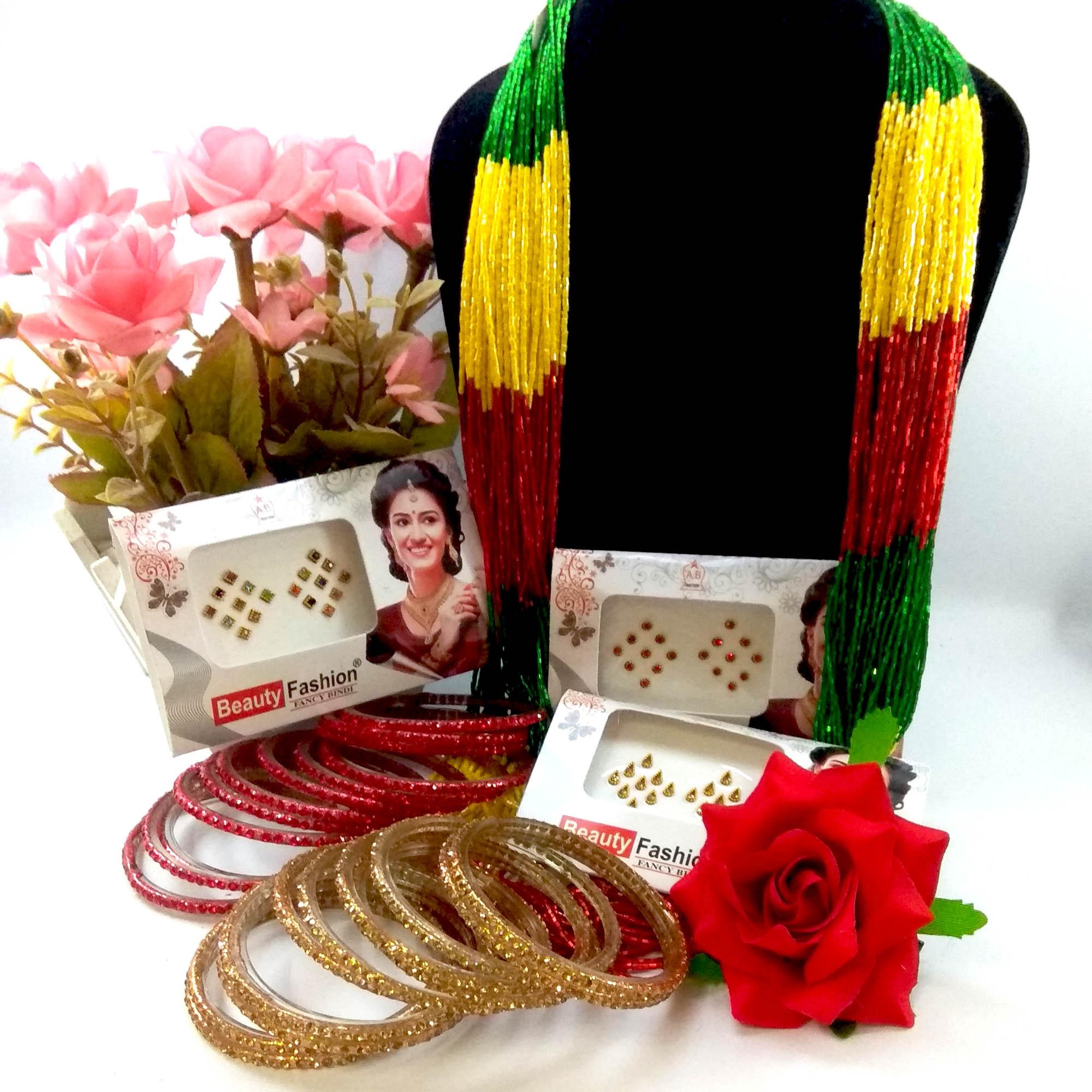 Combo Of Green/Red/Yellow Potey Mala- Golden/Red Stone Studded Bangles With Free Juro Flower And Bindis (3 Packets)