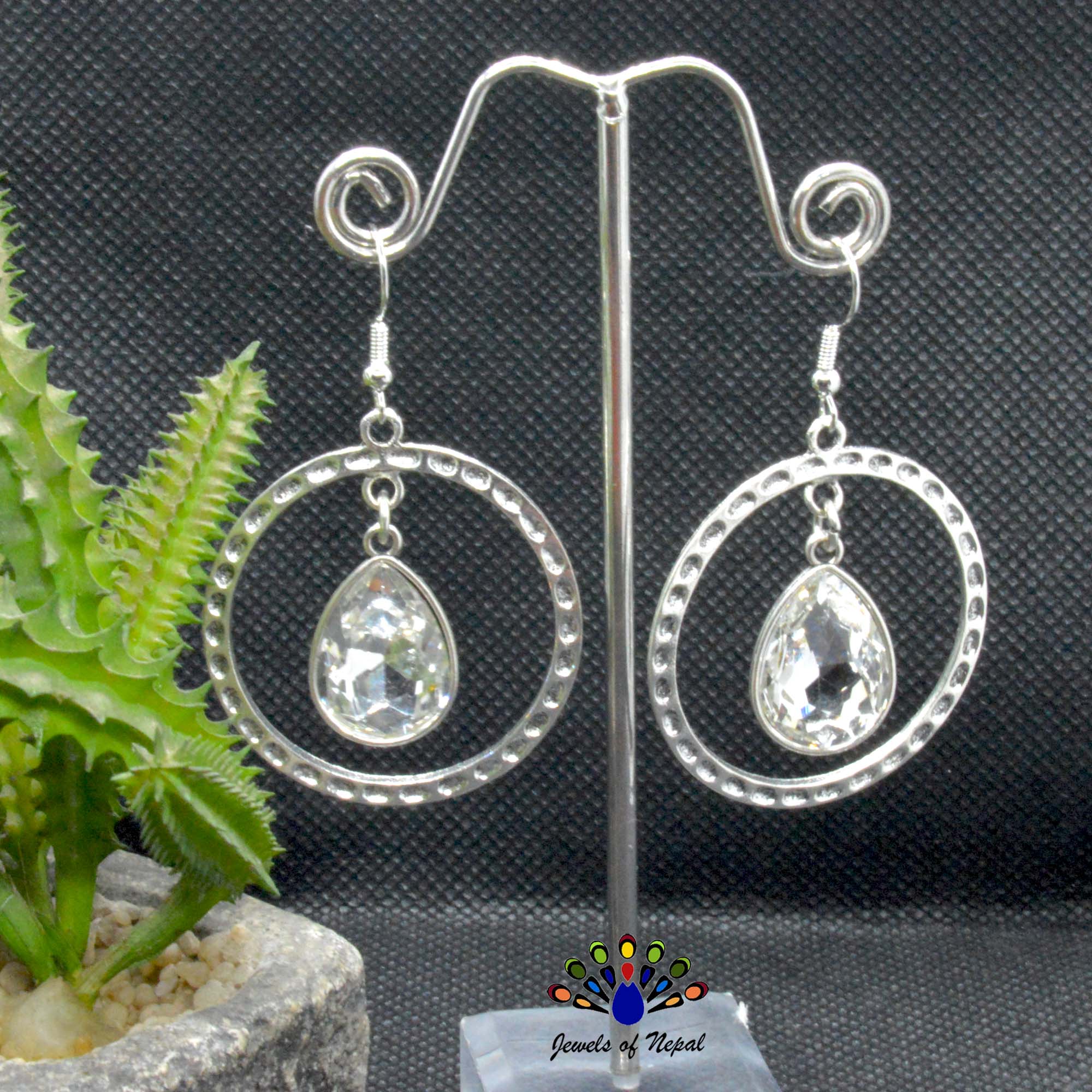 Drop Stoned Round Dangling Earrings - Image 3
