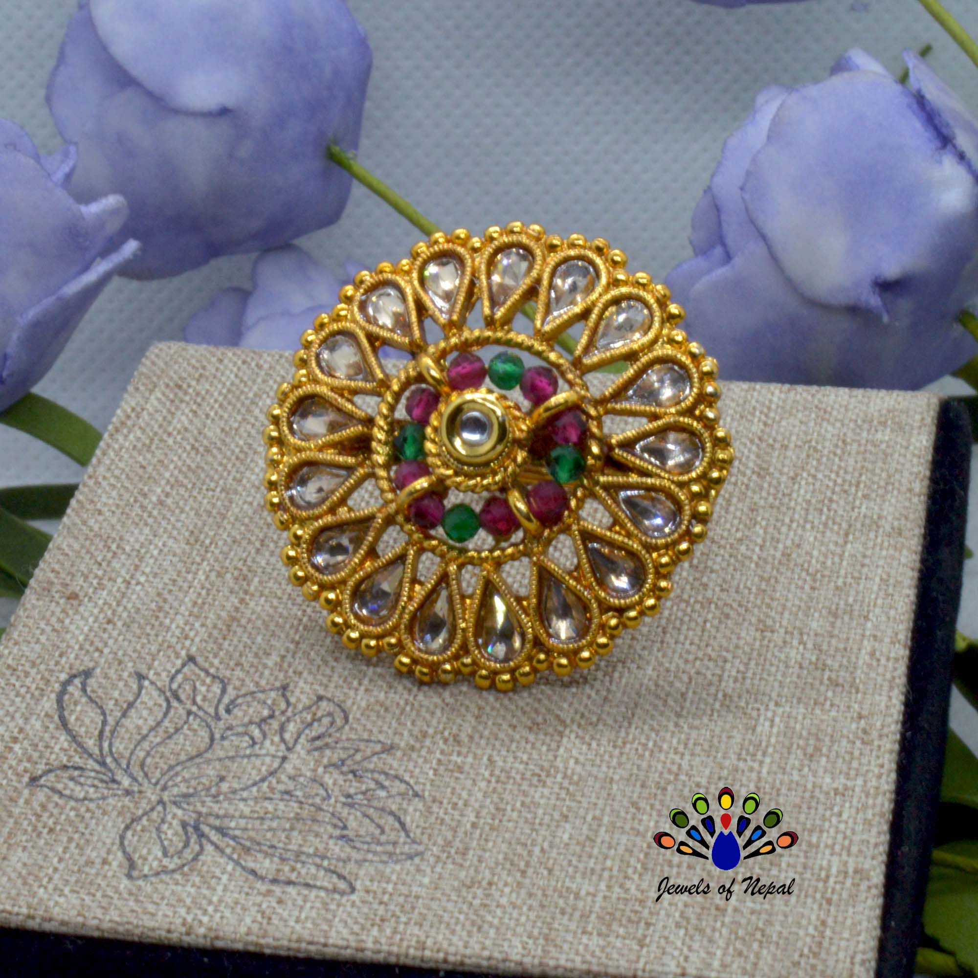 Golden/Multicolored Faux Crystal & Stones Beaded Adjustable Big Statement Finger Ring For Women