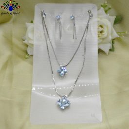 Jewels of Nepal American Diamond Stoned Layered Chain Pendant Necklace & Earrings Set for Women