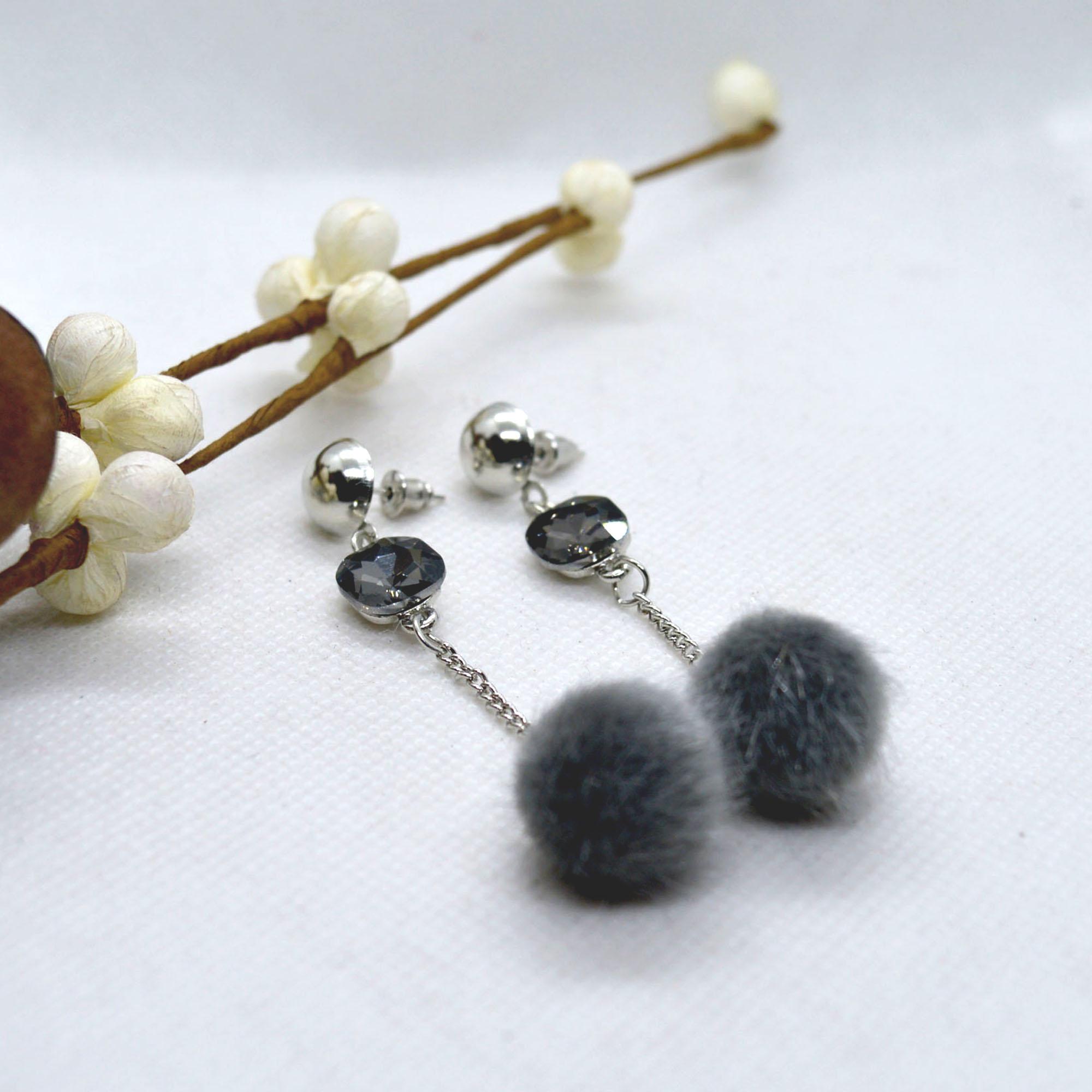 Korean Style Faux Crystal Adorned Chain Pom Drop Earrings For Women - Image 2