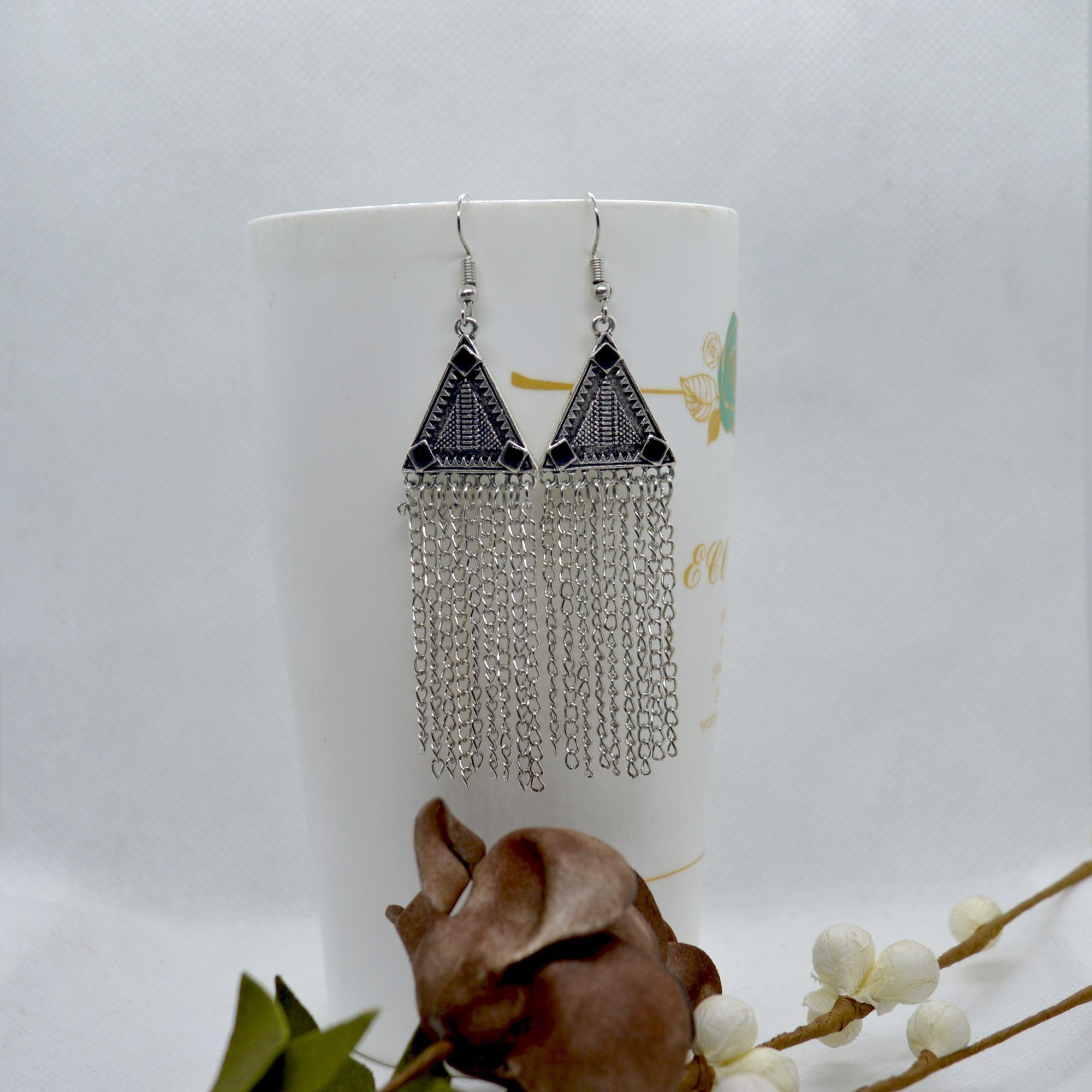Silver Tribal Patterned Chain Tassel Earrings For Women - Image 2