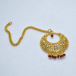 22K Gold Plated Chandbali Designed Red Crystal Drop White Stone Studded Maangtika (Gpmt_007)