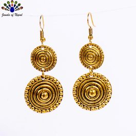 Golden Double Circular Round Patterned Earrings For Women- Jewels Of Nepal