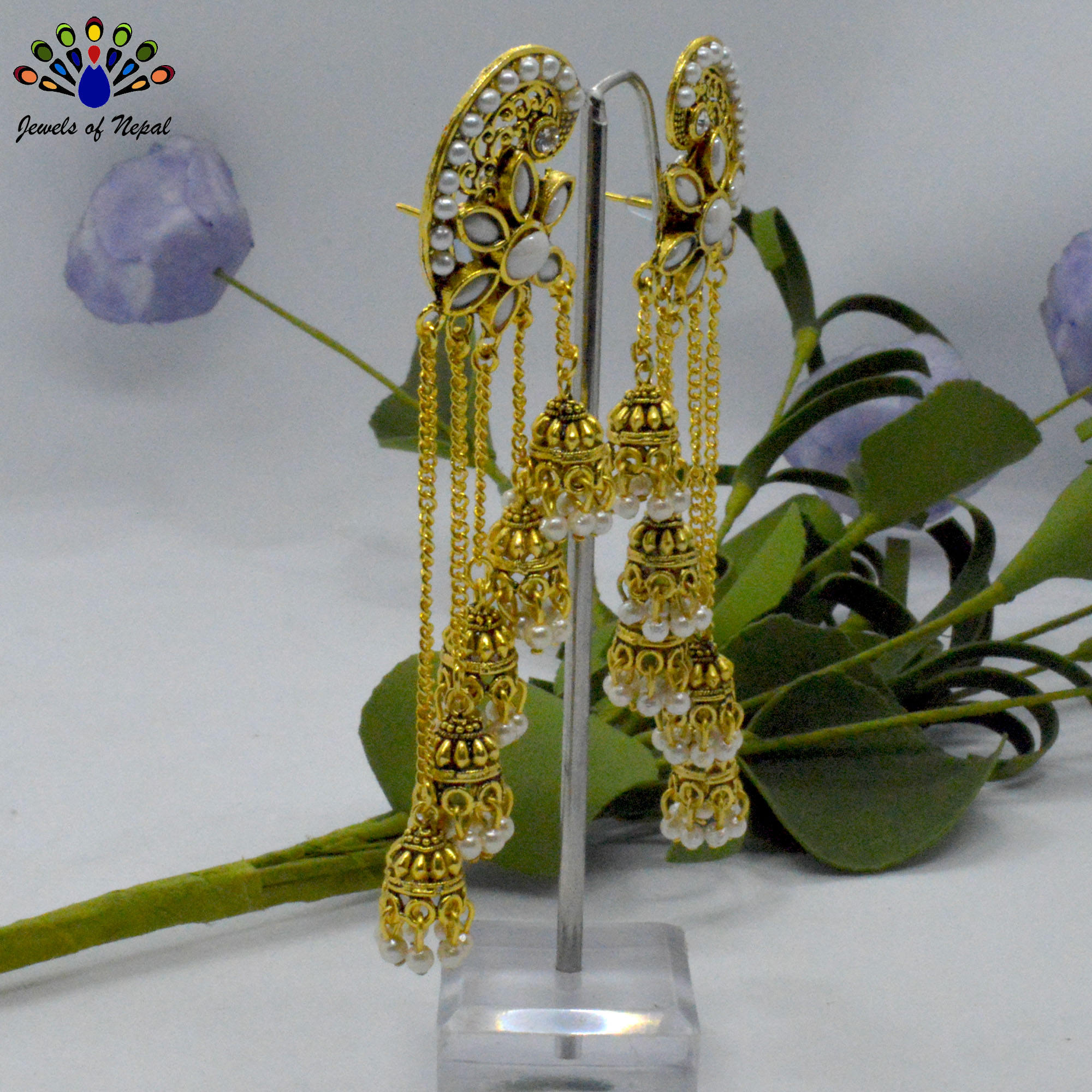 Golden/White Faux Moti Studded Ethnic Style Long Tasseled Earrings For Women - Image 2