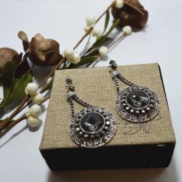 Silver/Grey Rhinestones Studded Tribal Aztec Style Circle Drop Earrings For Women