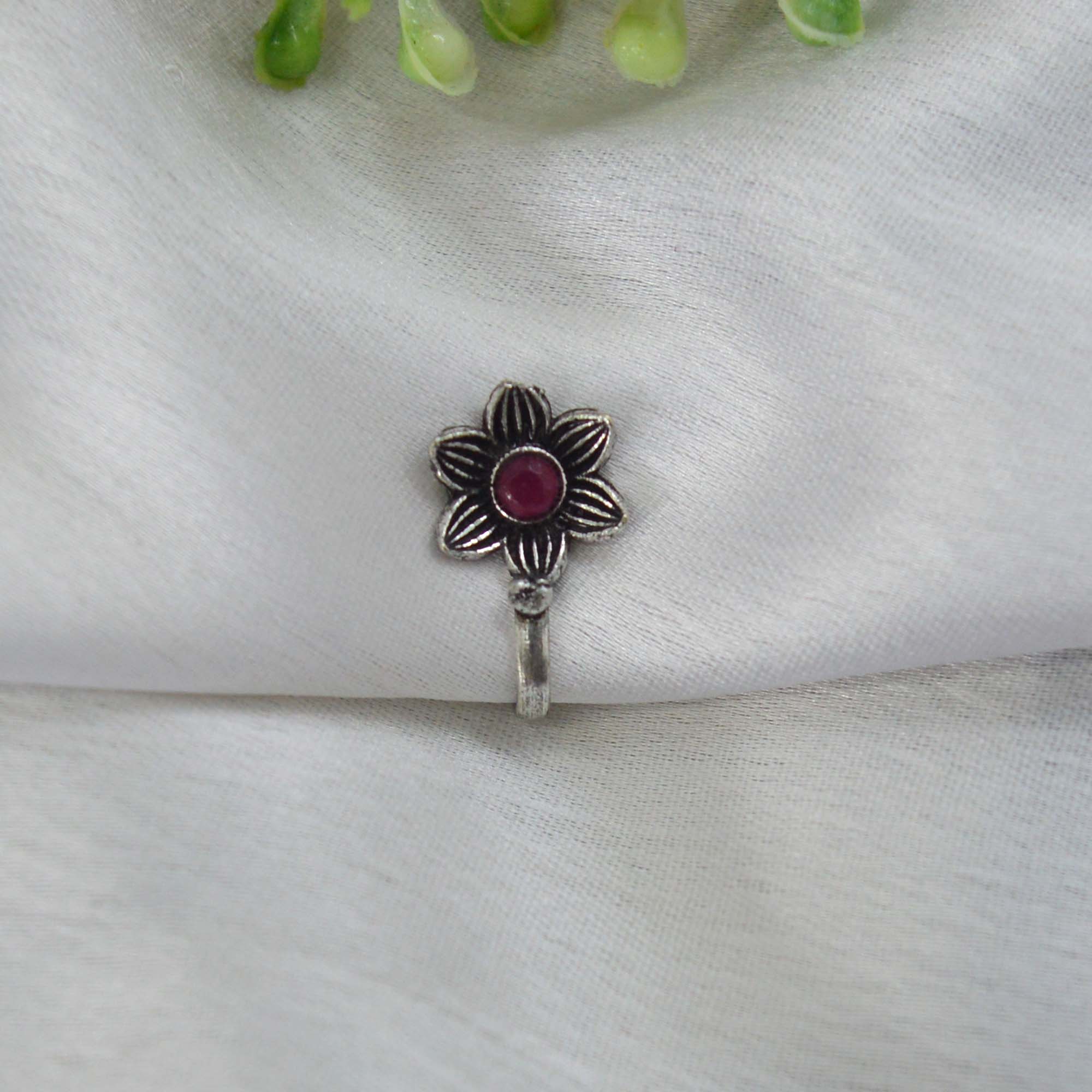 Oxidized Silver Toned Stone Clip on Nose Ring / Nathi/ Nathiya For Women- 1pc - Image 58