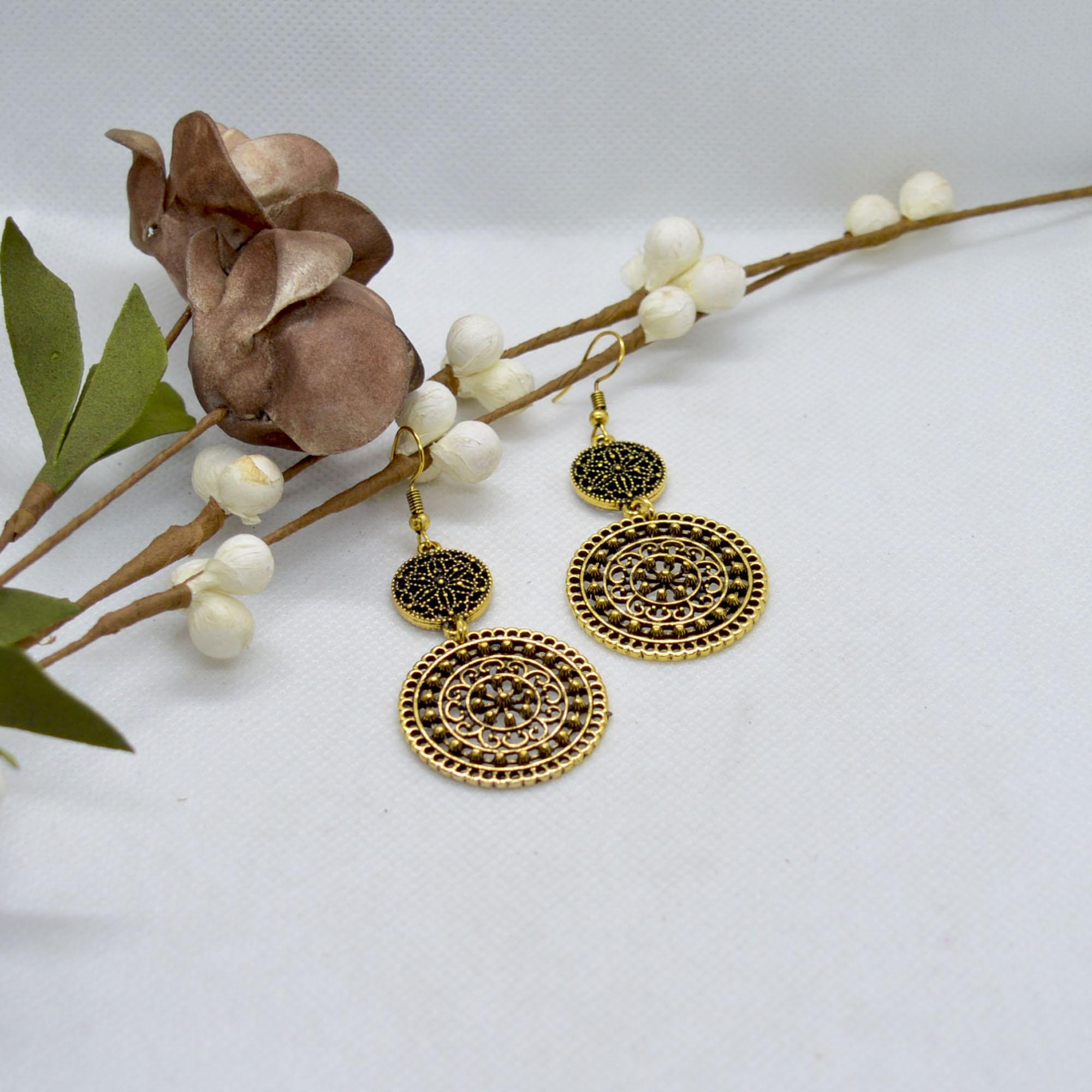Golden Mandala Patterned Double Drop Earrings For Women- Jewels Of Nepal - Image 2