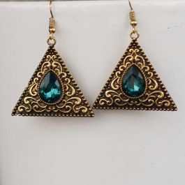 Gold/Sea Green Stone Enclosed Triangle Drop Earrings