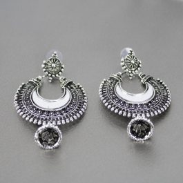 Chandbali Style Mirror Studded Carved Metal Jhumka Earrings For Women