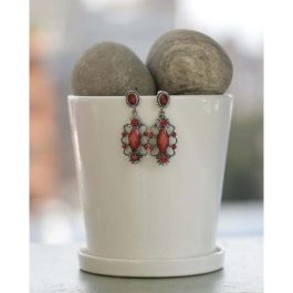 Silver/Red Stoned Patterned Dangler Earrings For Women