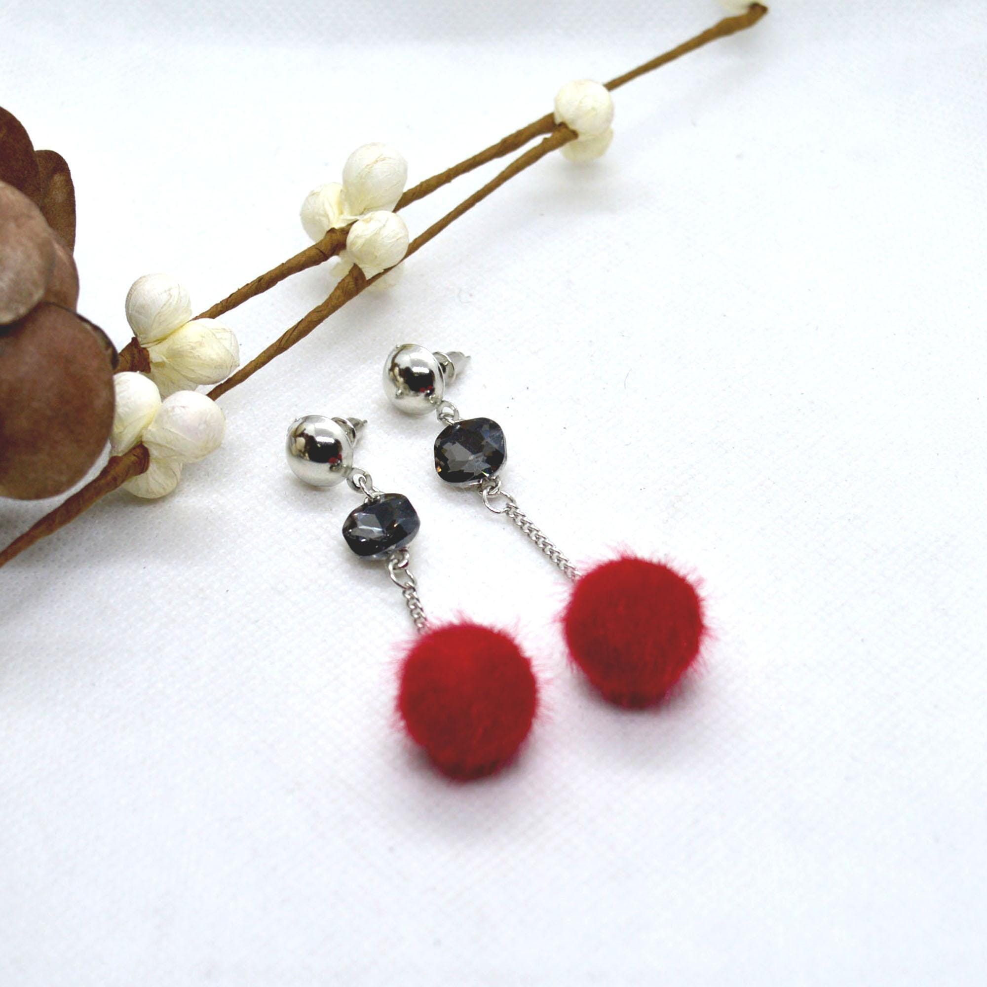 Korean Style Faux Crystal Adorned Chain Pom Drop Earrings For Women - Image 9