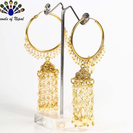 Golden/White Faux Moti Beaded Long Chain Pinjada Party Earrings - Jewels of Nepal