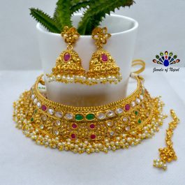 High Gold Faux Moti & Multicolored Stones Embellished Adjustable Choker Necklace Set With Earrings & Maangtika