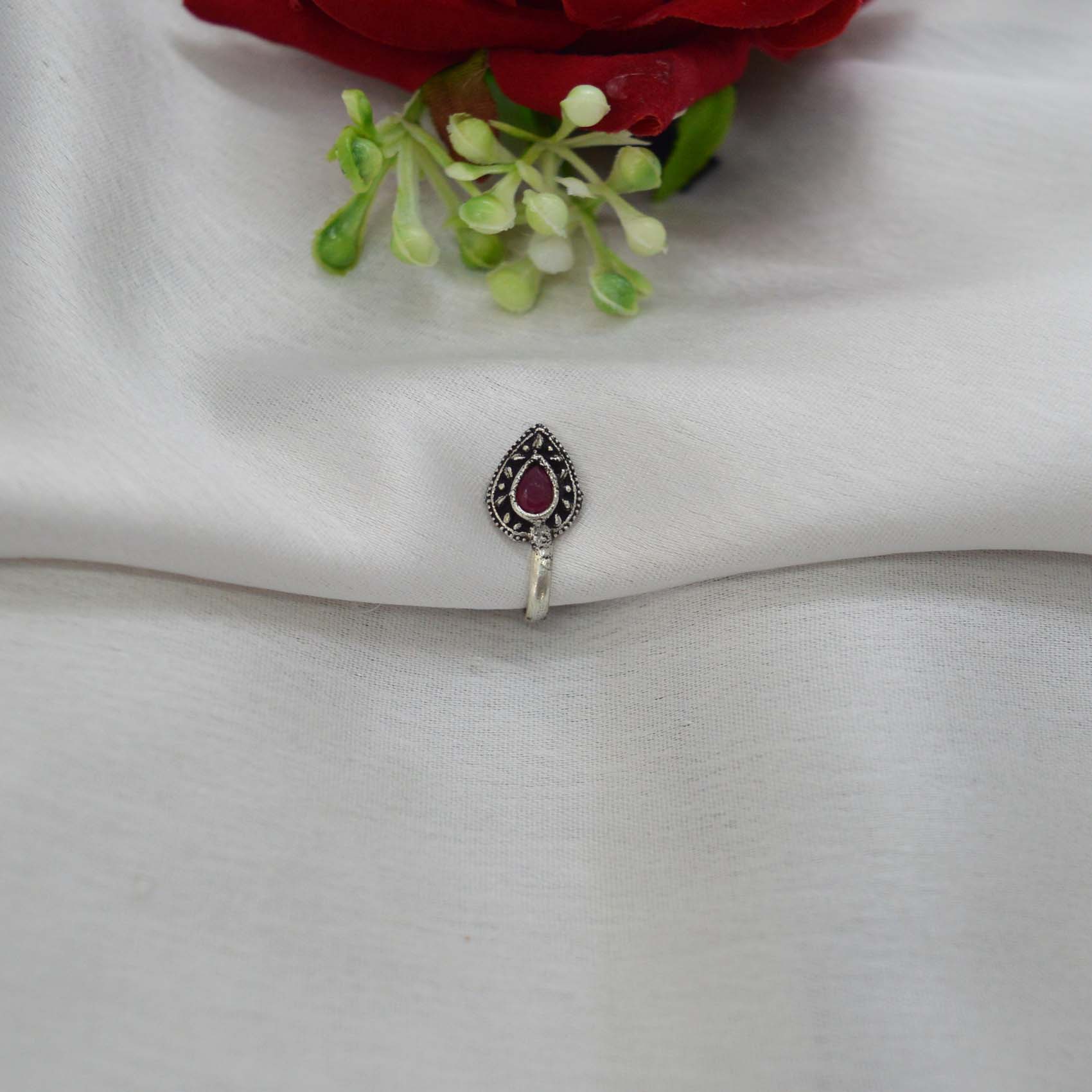 Oxidized Silver Toned Stone Clip on Nose Ring / Nathi/ Nathiya For Women- 1pc - Image 3