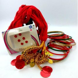 Combo Of Golden/Green/Red Bangles + Hair Dhaago And Free Tika- Redgolden