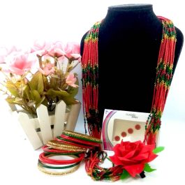 Combo Of Chunky Potey Mala + Bangles With Free Juro Flower And Bindi- Golden/Red/Green