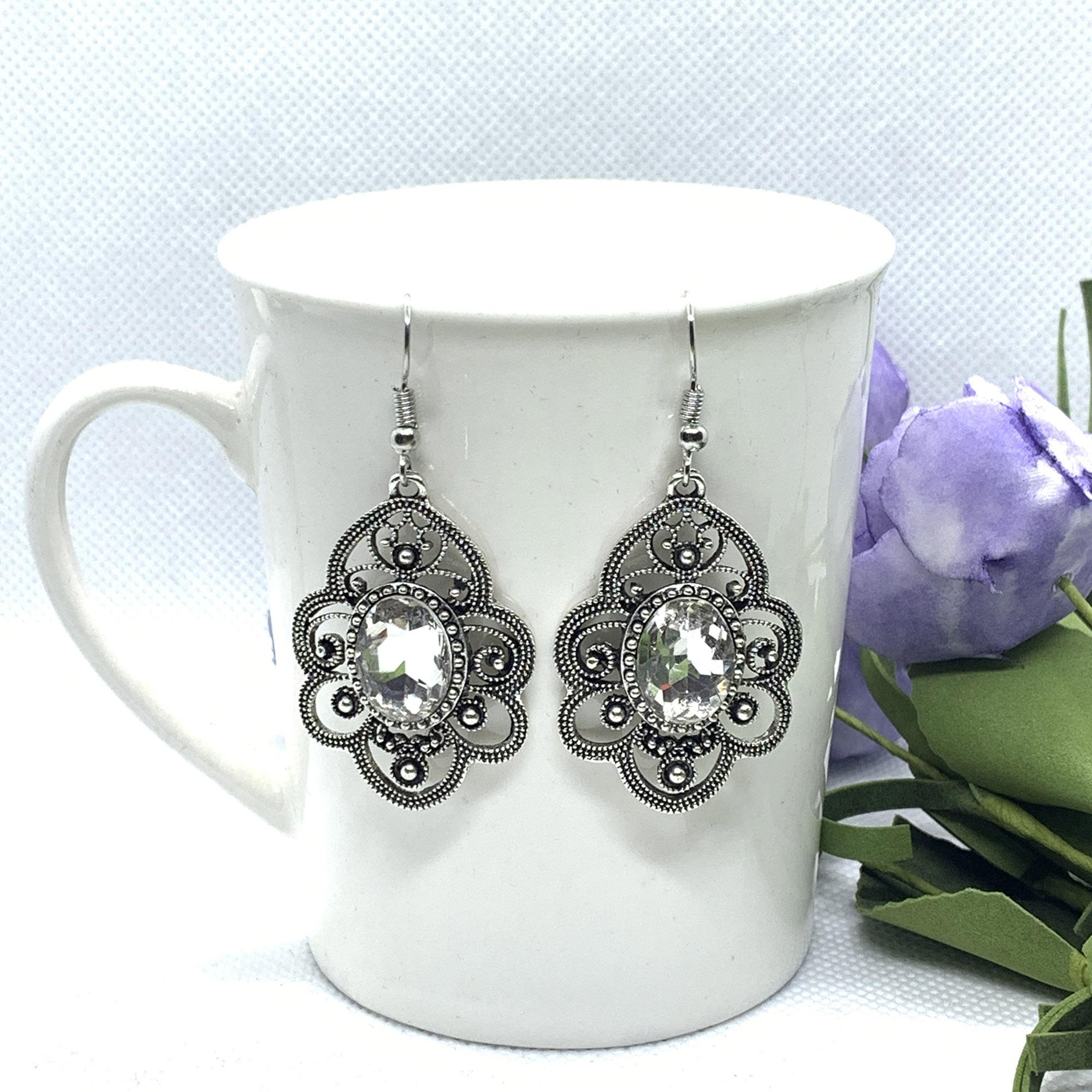 Silver/Black Self Patterned Drop Earrings For Women - Image 4