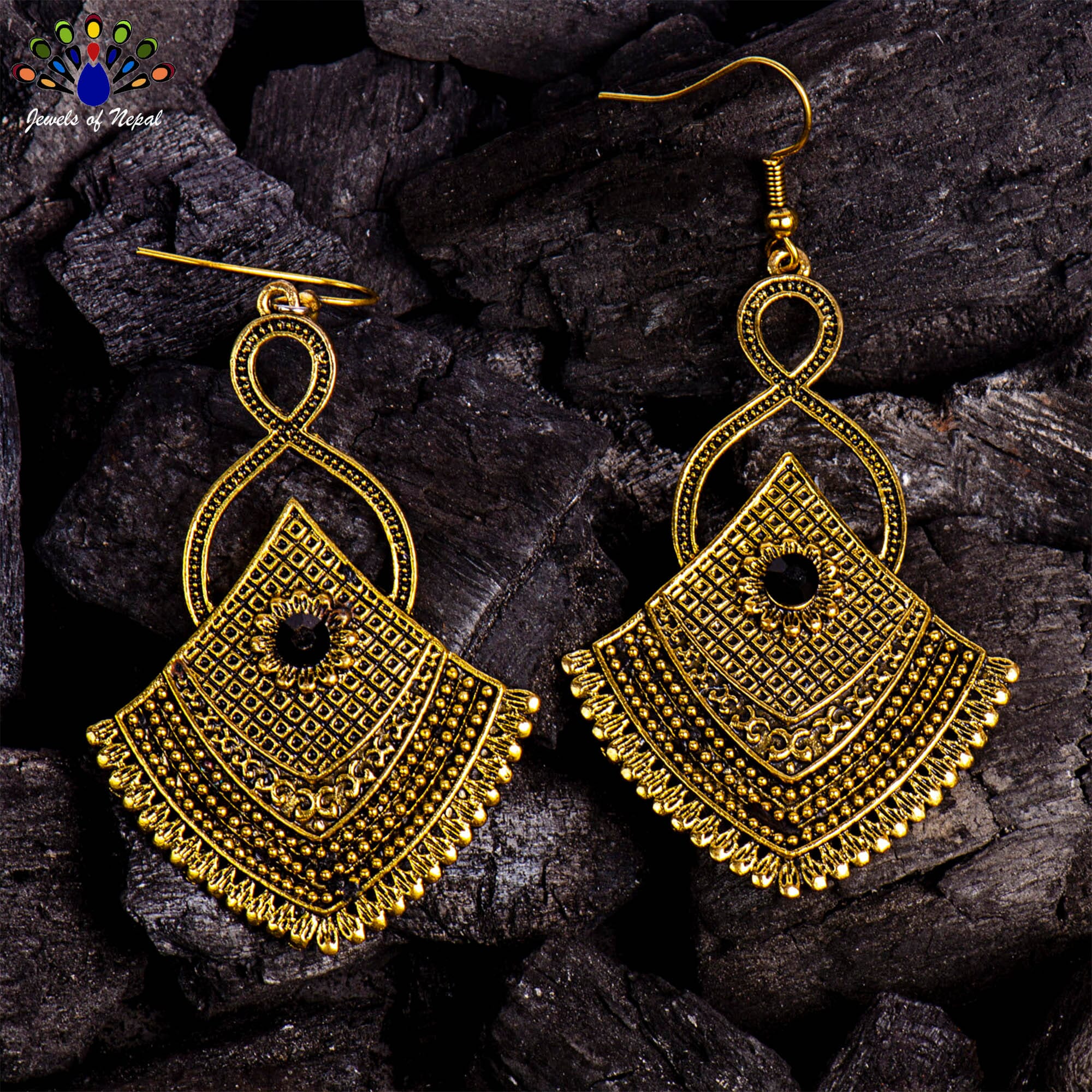 Golden/Black Self Patterned Long Drop Earrings For Women-Jewels Of Nepal