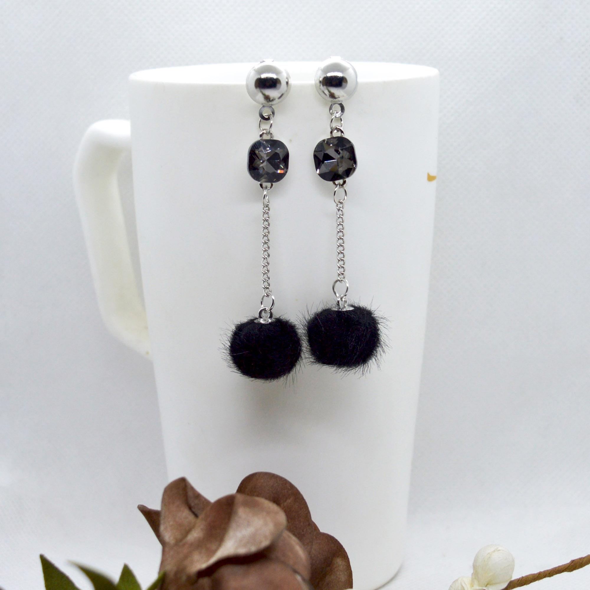 Korean Style Faux Crystal Adorned Chain Pom Drop Earrings For Women - Image 6