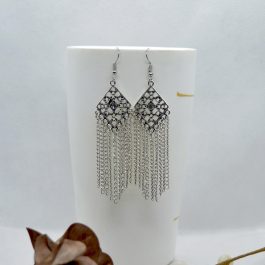 Silver/White Stoned Rhombus Cut Patterned Chain Tassel Earrings For Women