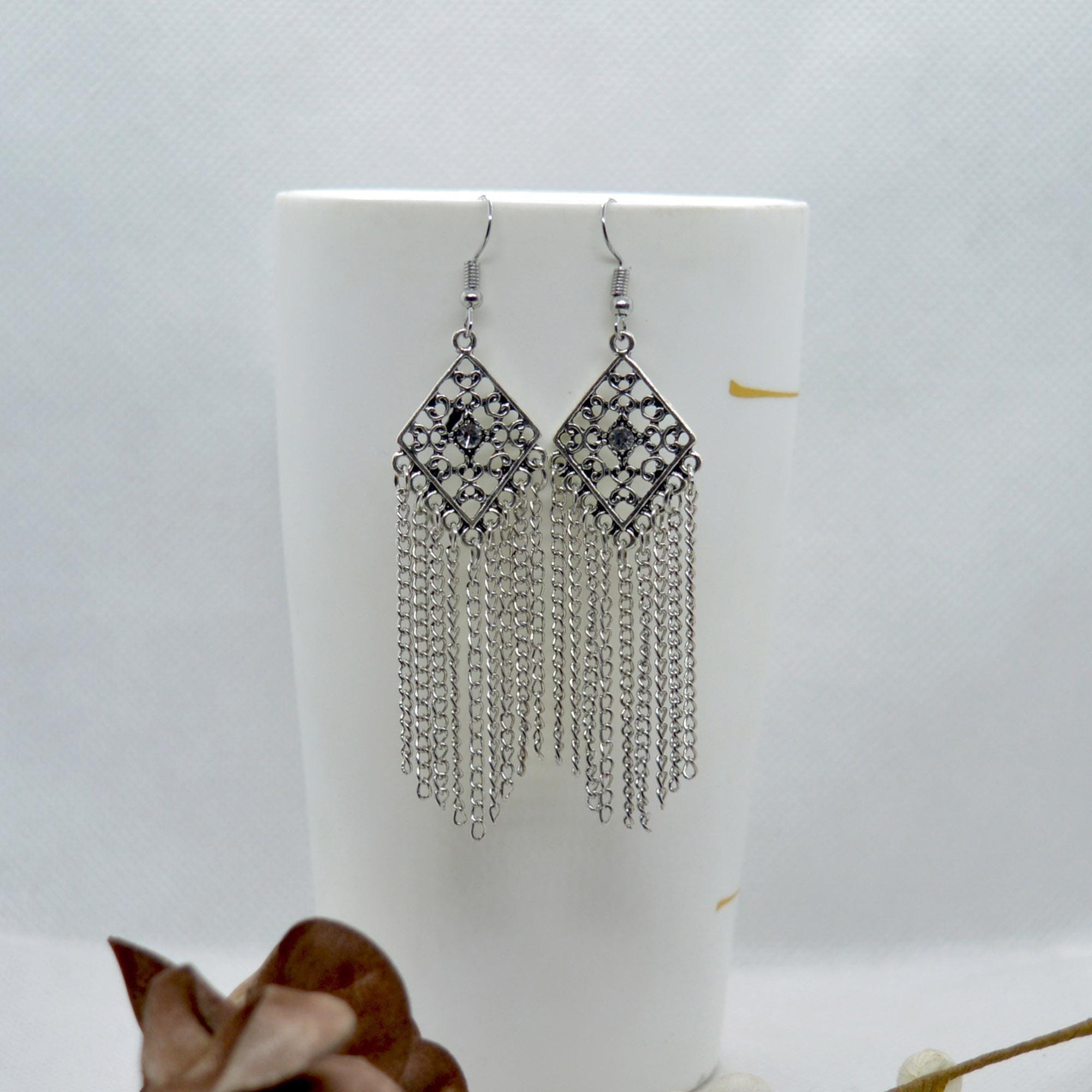 Silver/White Stoned Rhombus Cut Patterned Chain Tassel Earrings For Women