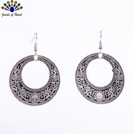 Silver Tone Oxidized Patterned Round Drop Earrings For Women