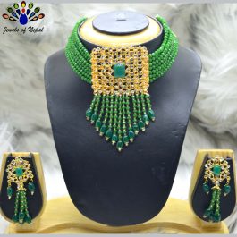 Crystal Beaded Square Tasseled Choker Necklace and Ear Studs Set