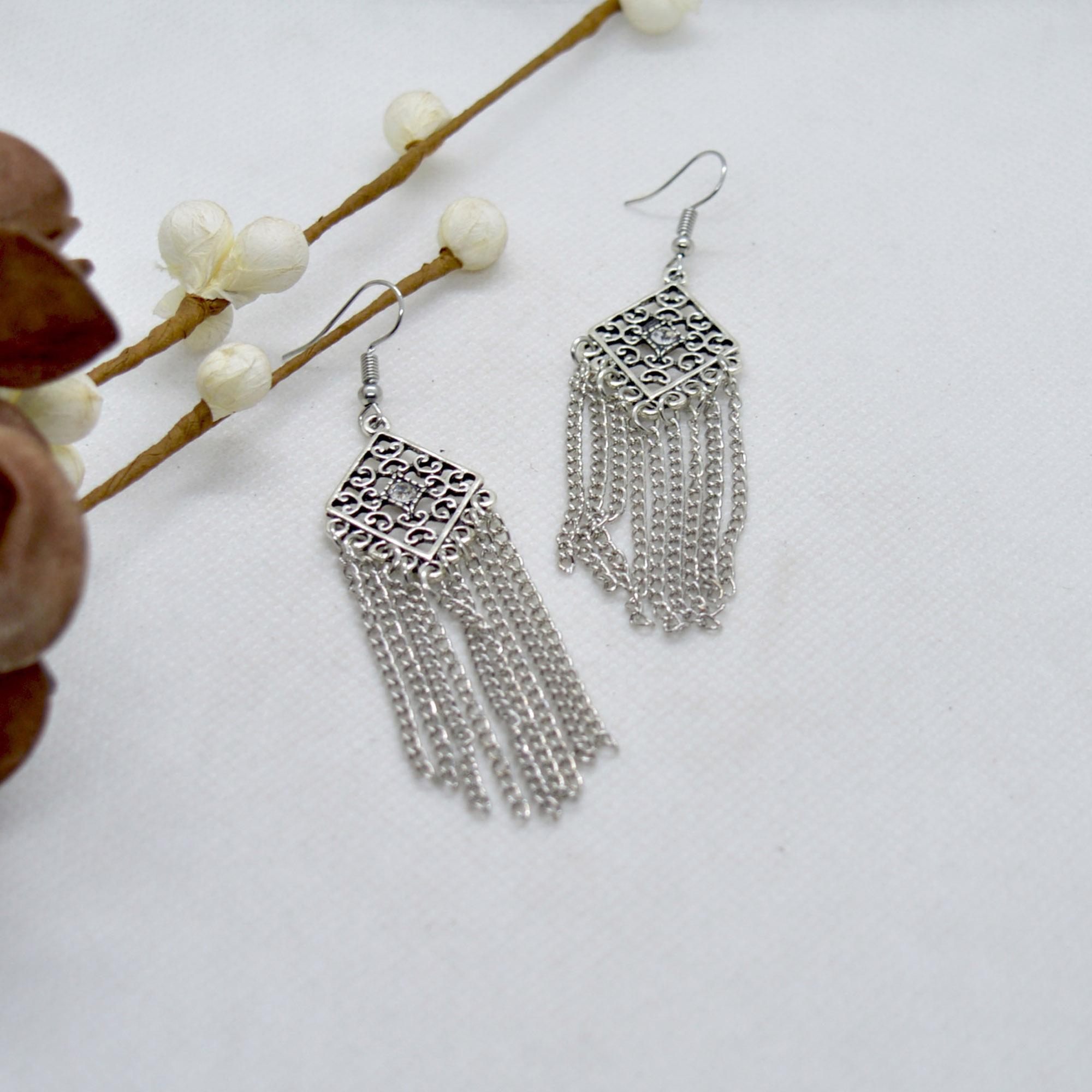 Silver/White Stoned Rhombus Cut Patterned Chain Tassel Earrings For Women - Image 2