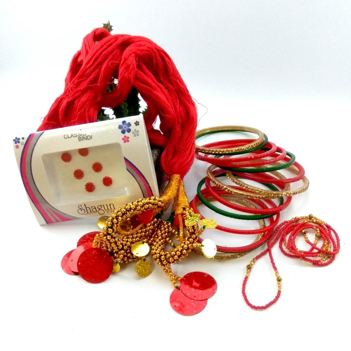 Combo Of Golden/Green/Red Bangles + Hair Dhaago + Red/Golden Crystal Potey Mala And Free Tika- Red/Golden