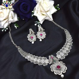 Jewels of Nepal Silver Toned Red Stoned Flower Designed Hasuli Style Jewelry Set for Women