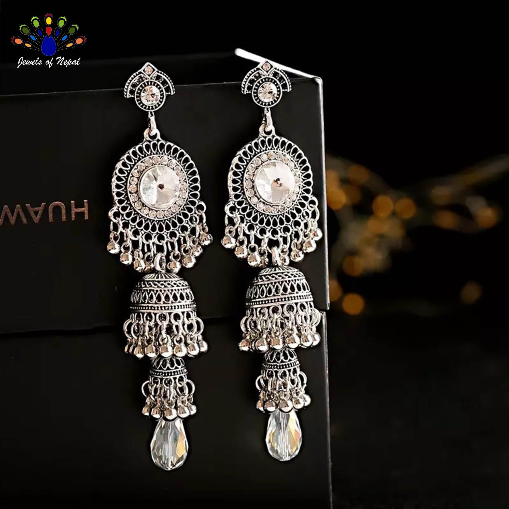Golden/Silver Antique Toned Retro Bell Fall Jhumka Earrings - Jewels of Nepal - Image 2