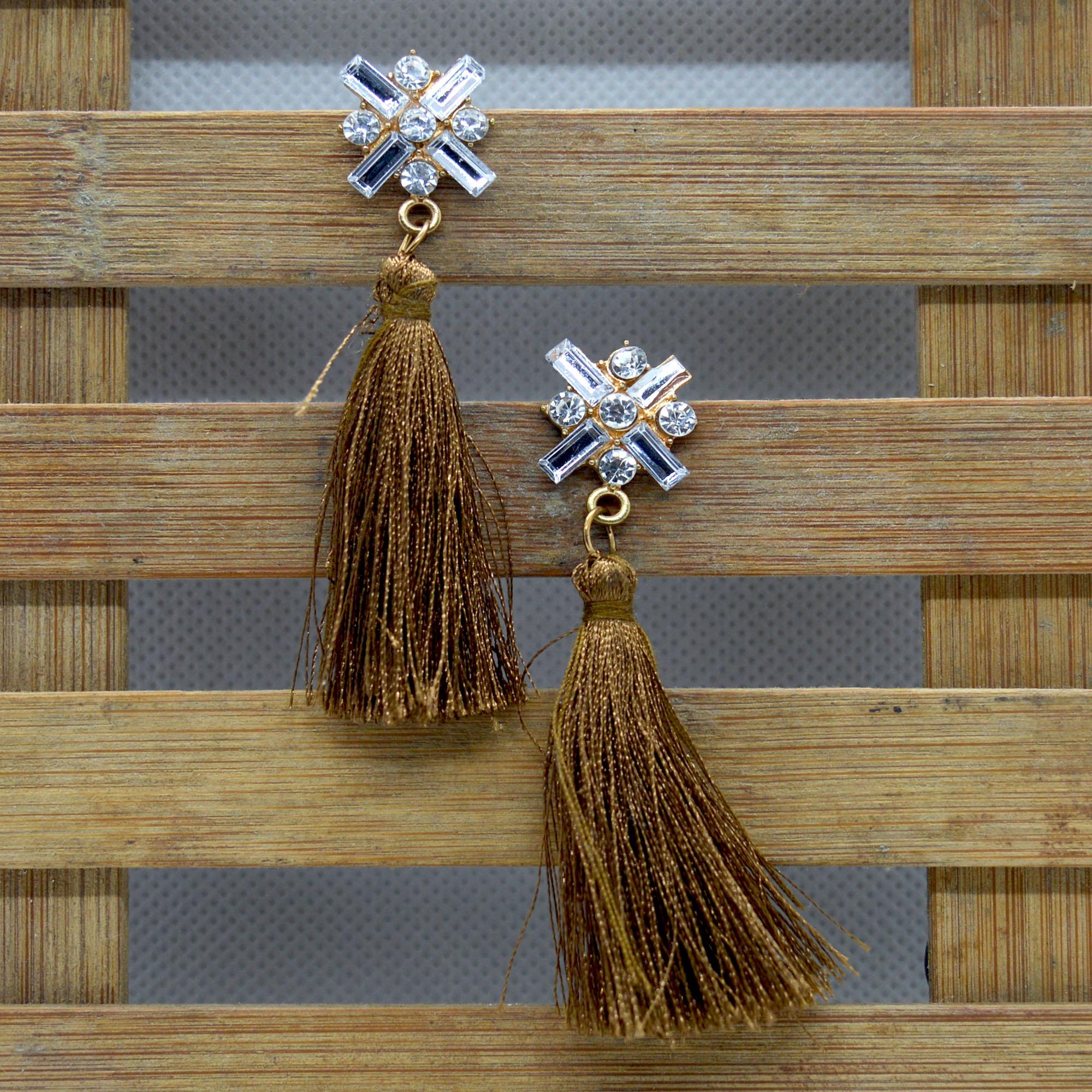 Stone Studded Tassel Drop Earrings For Women - Image 3