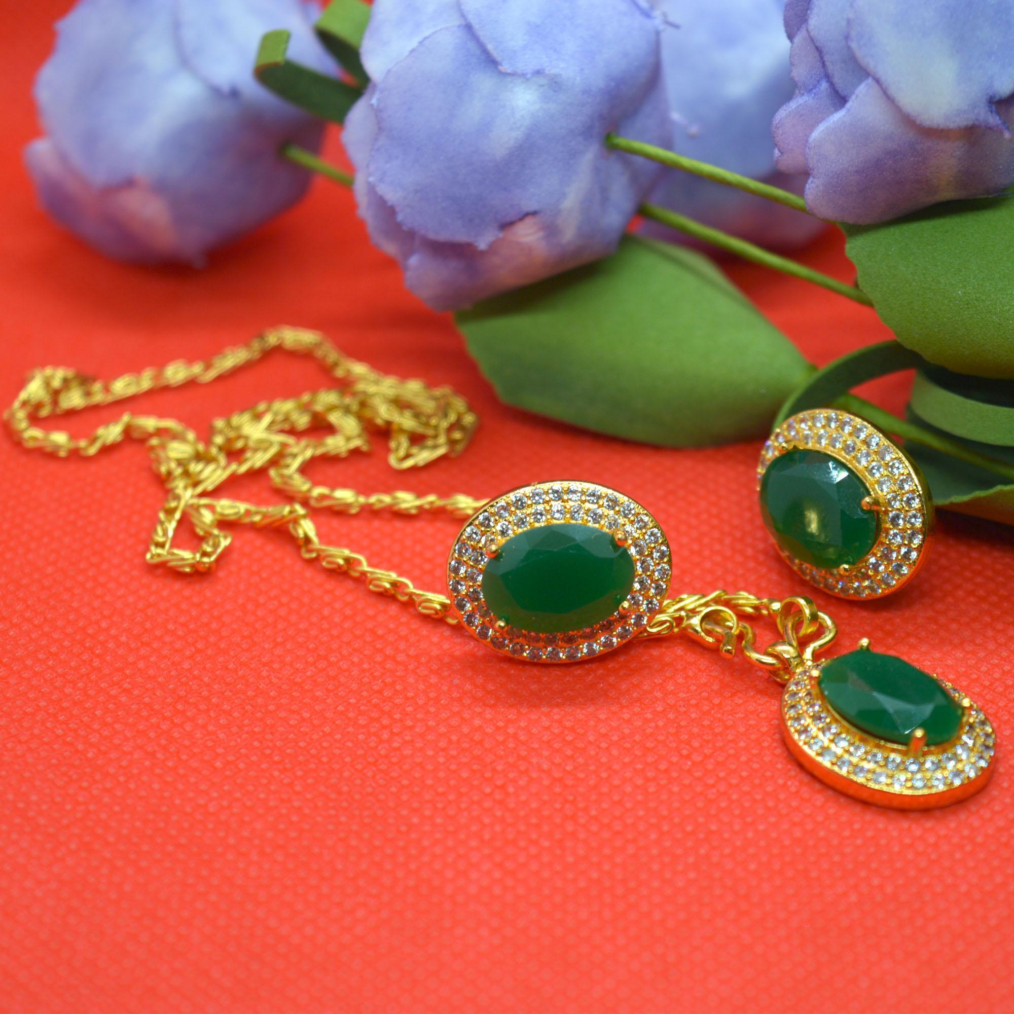 Golden Plated- Green Faux Emerald And Stones Studded Set For Women