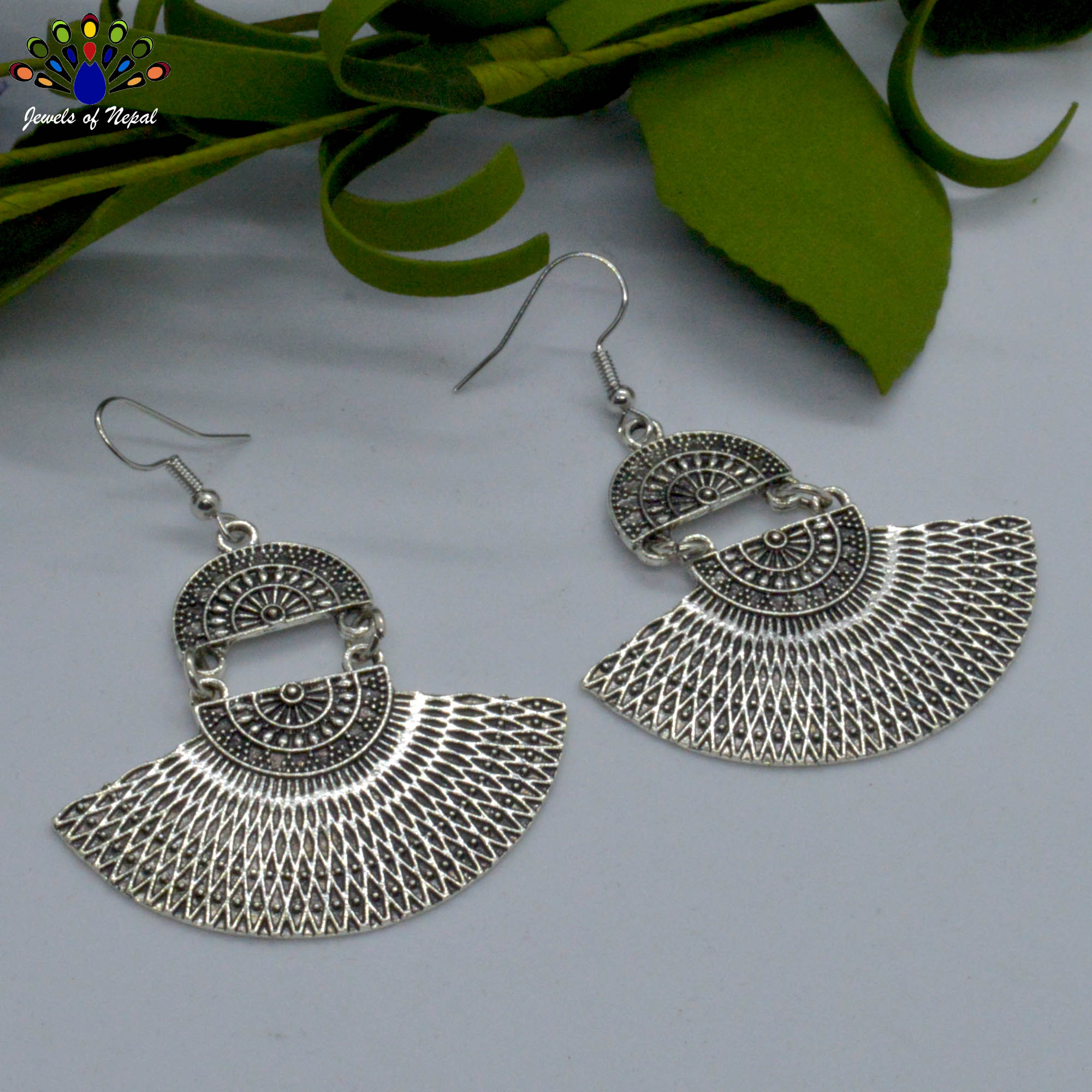 Oxidized Silver/Golden Toned Tribal Patterned Fan Design Drop Earrings- Jewels of Nepal - Image 2