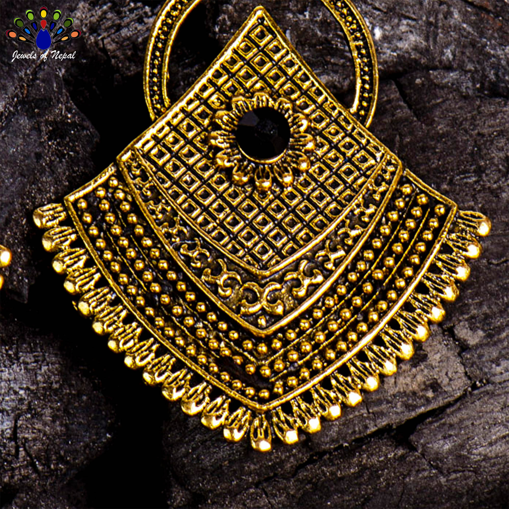 Golden/Black Self Patterned Long Drop Earrings For Women-Jewels Of Nepal - Image 3