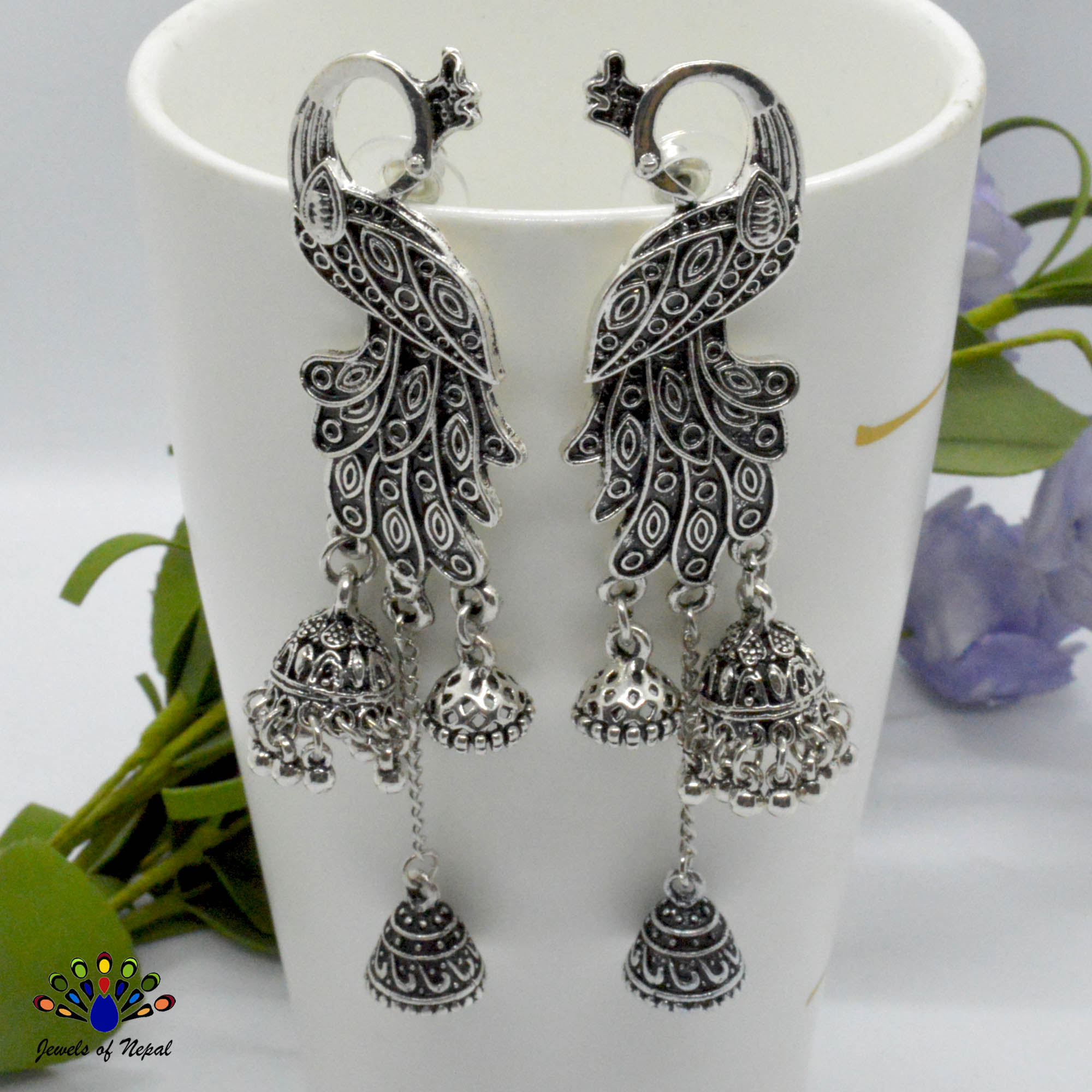 Golden/Silver Peacock Designed Pinjada Drop Earrings For Women - Image 2