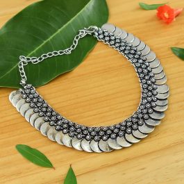 Oxidized Silver Toned Coin Design Necklace