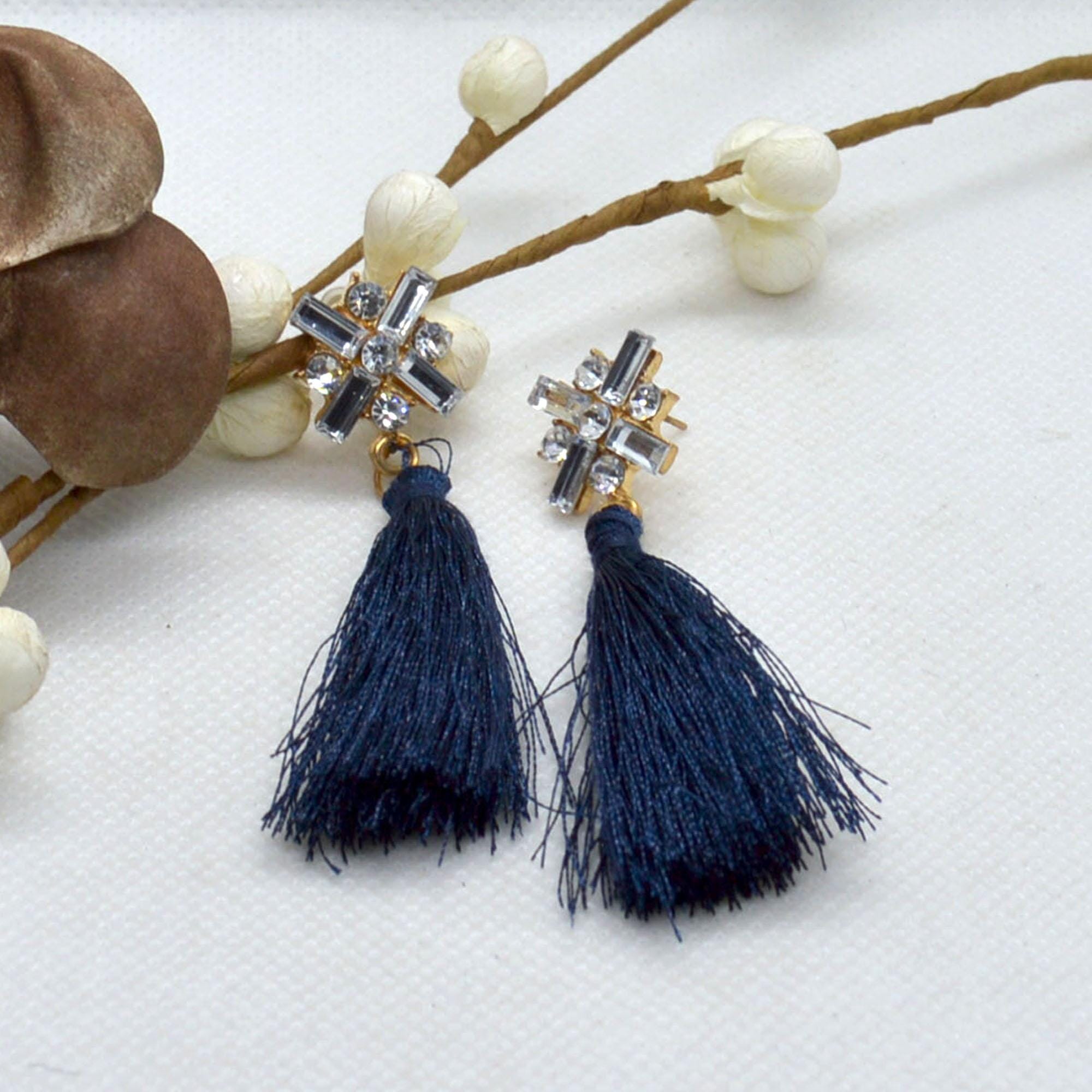 Stone Studded Tassel Drop Earrings For Women - Image 7