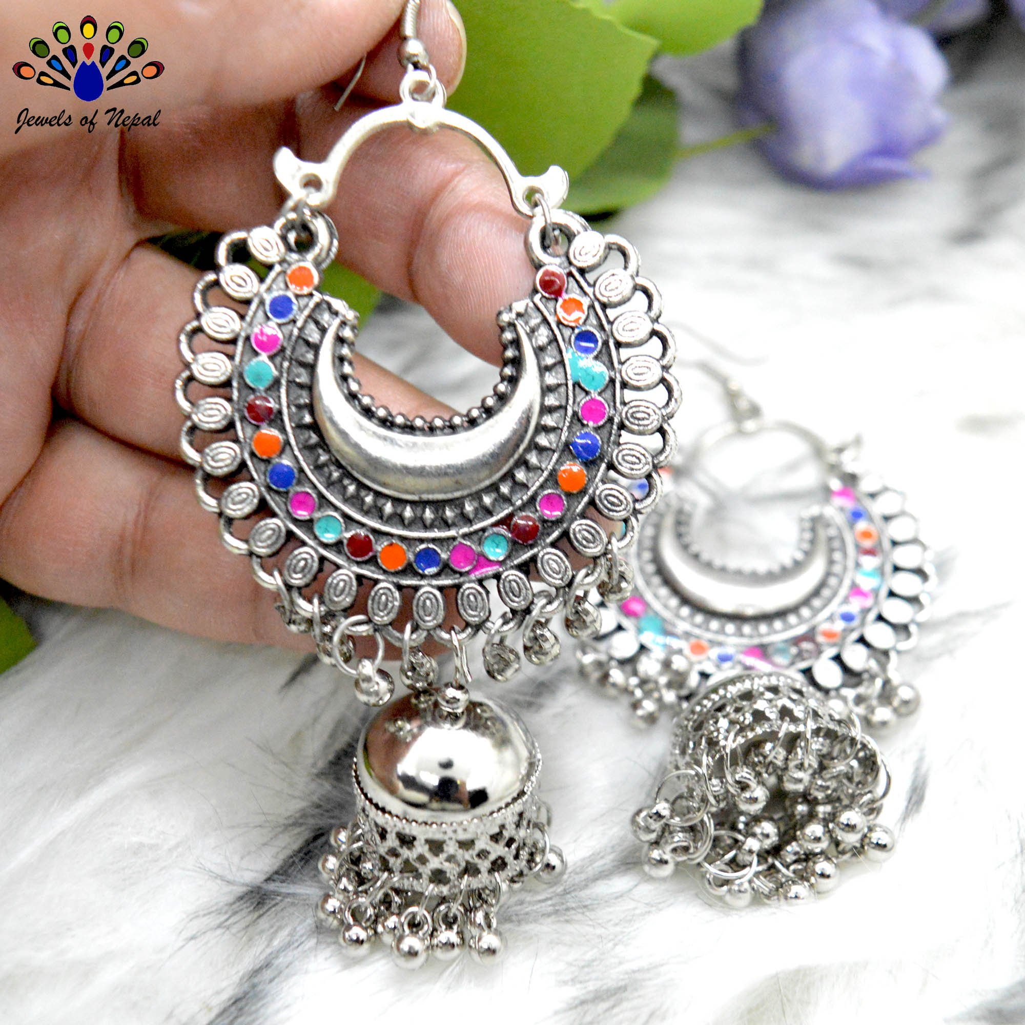 Silver Toned Chandbali Pinjada Drop Earrings - Jewels of Nepal - Image 2