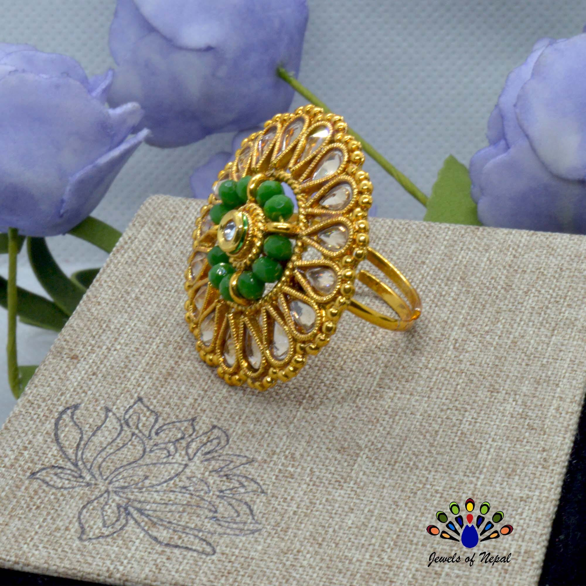 Golden/Multicolored Faux Crystal & Stones Beaded Adjustable Big Statement Finger Ring For Women - Image 2