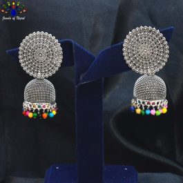 Jewels of Nepal Silver Toned Dot Textured Round Top Pinjada Earrings For Women