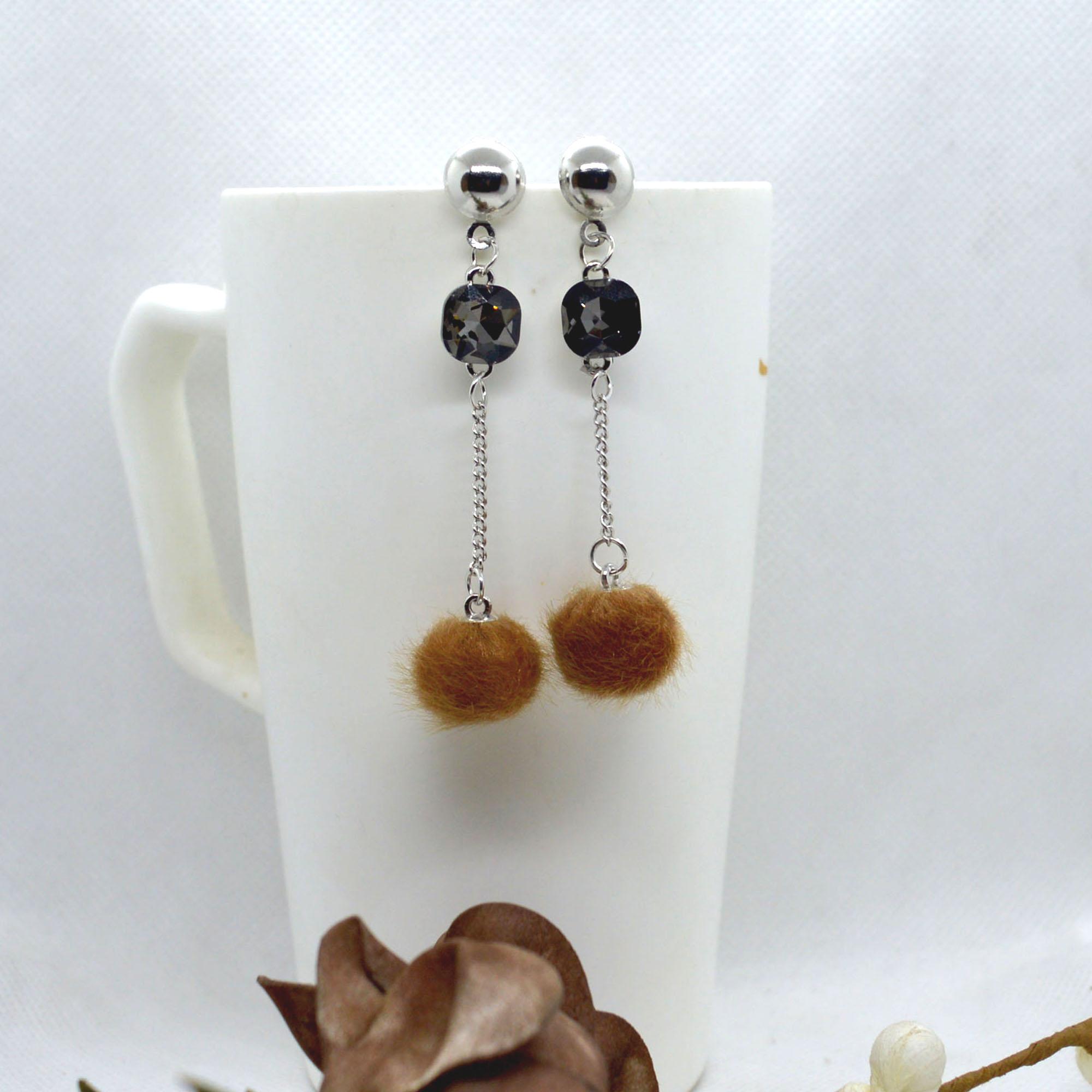 Korean Style Faux Crystal Adorned Chain Pom Drop Earrings For Women - Image 12